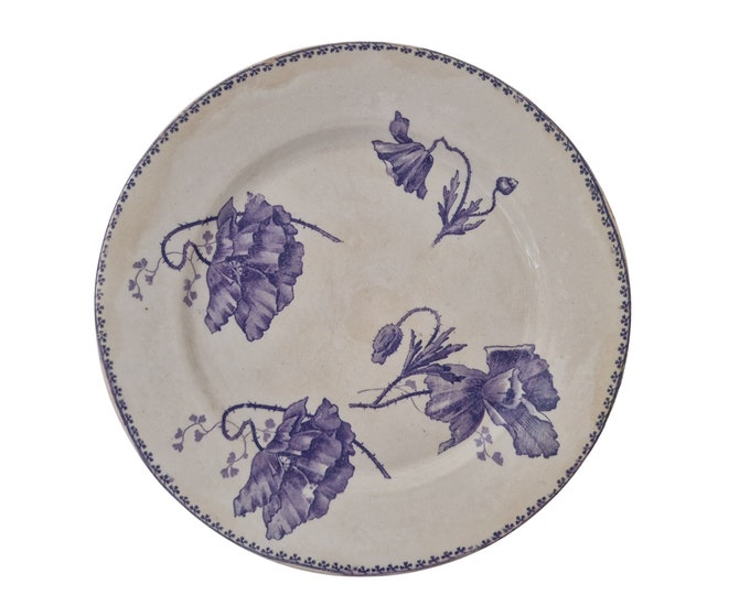French Lavender Transferware Ironstone Plate with Poppies, Sarreguemines Feria Pattern, Faience Flower Wall Hanging Plate
