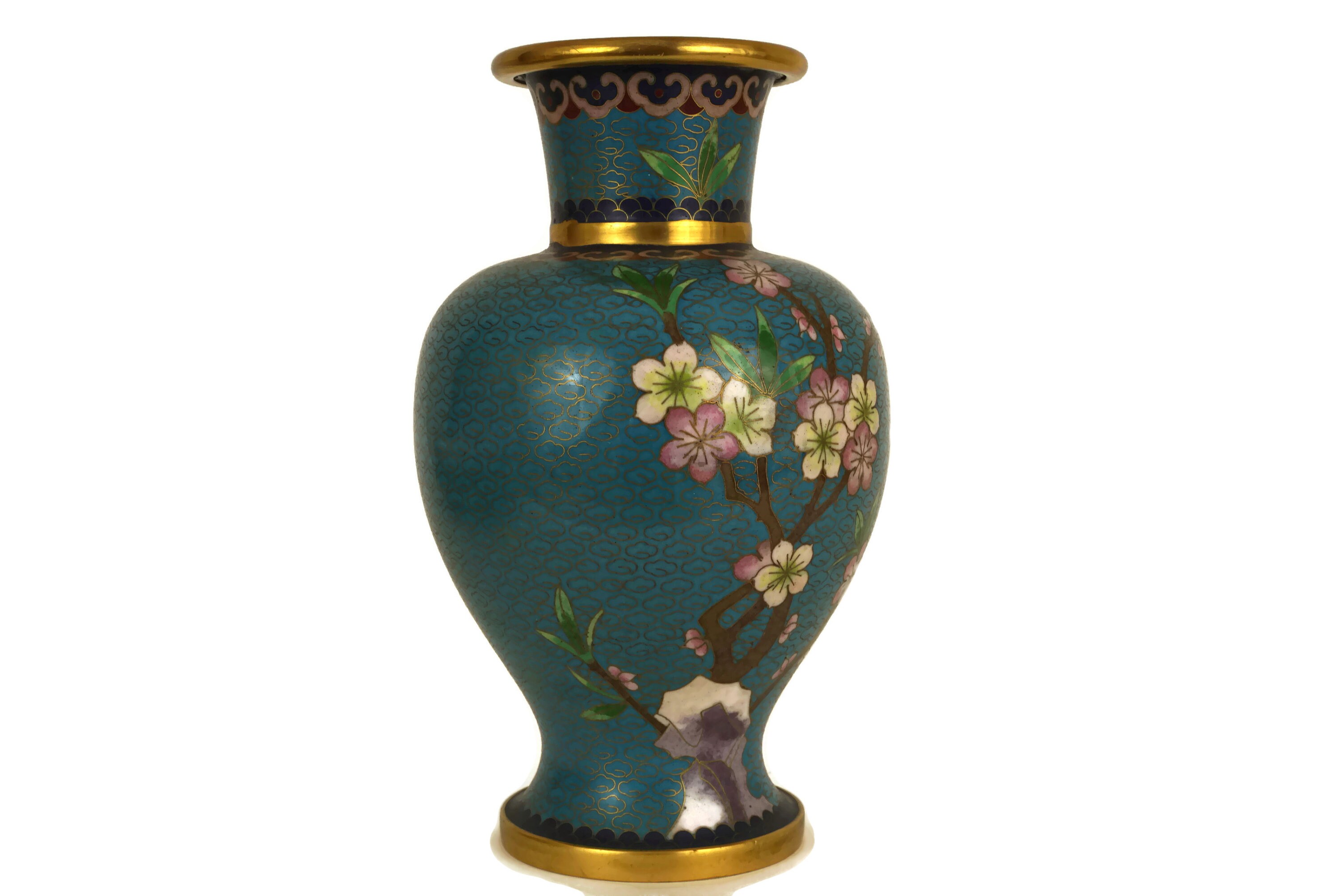 Vintage Cloisonne Vase with Cherry Blossoms and Bird, Turquoise Blue