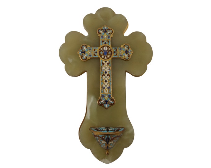 Antique Champleve Cross and Holy Water Font, French Enamel Cloisonne Wall Hanging Crucifix