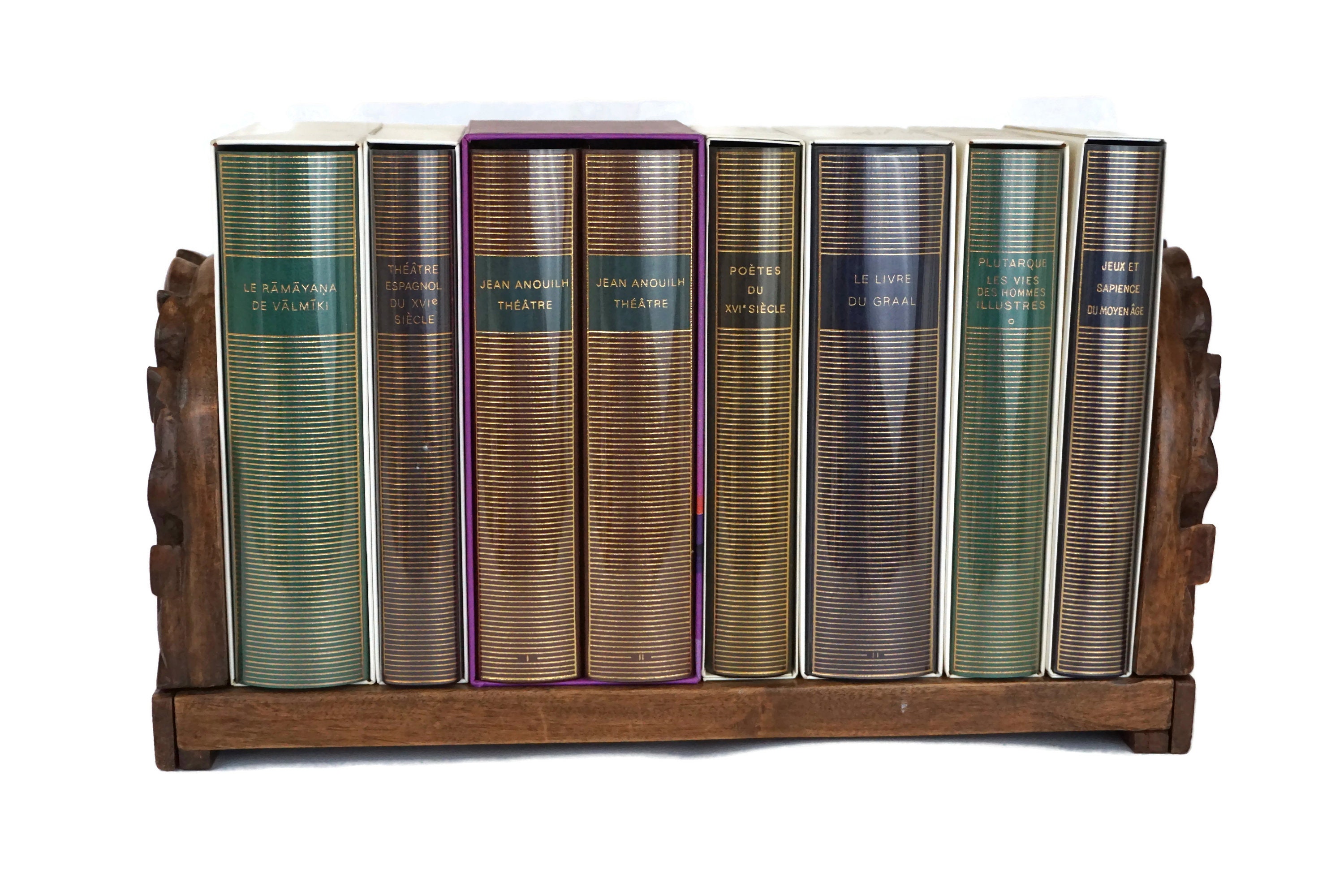 Antique Bats Carved Wood Book Rack, Extending Sliding Book Shelf