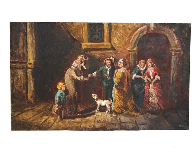 The Giving of Alms Painting, French Christian Charity Art with Beggars and Dog