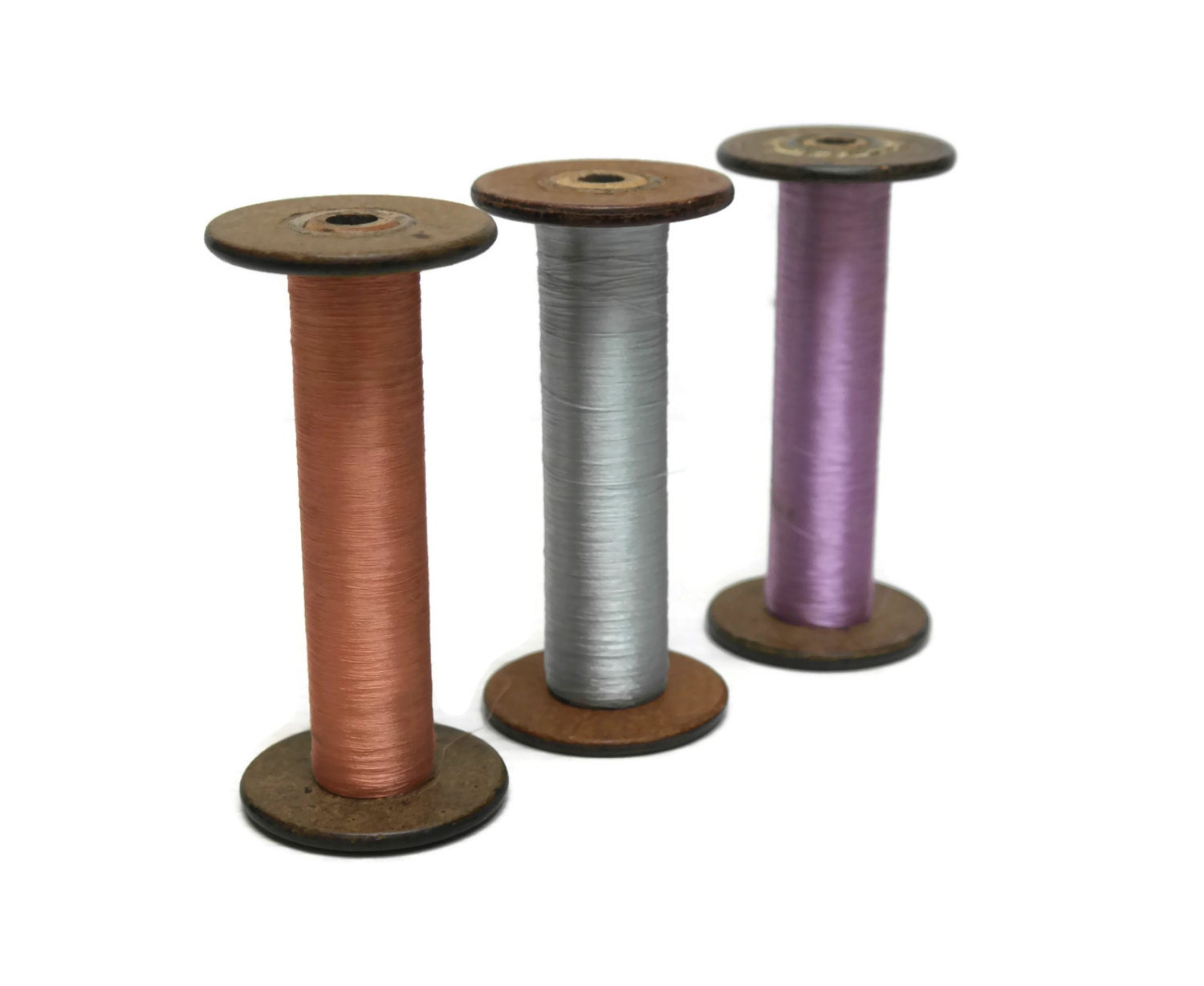 Antique French Wooden Bobbins. Large Weaving Spools. Bobbins and Thread.