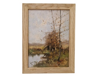 Antique French Autumn Country Landscape Painting with Trees, River and Provencal Women, Framed Original Signed Art