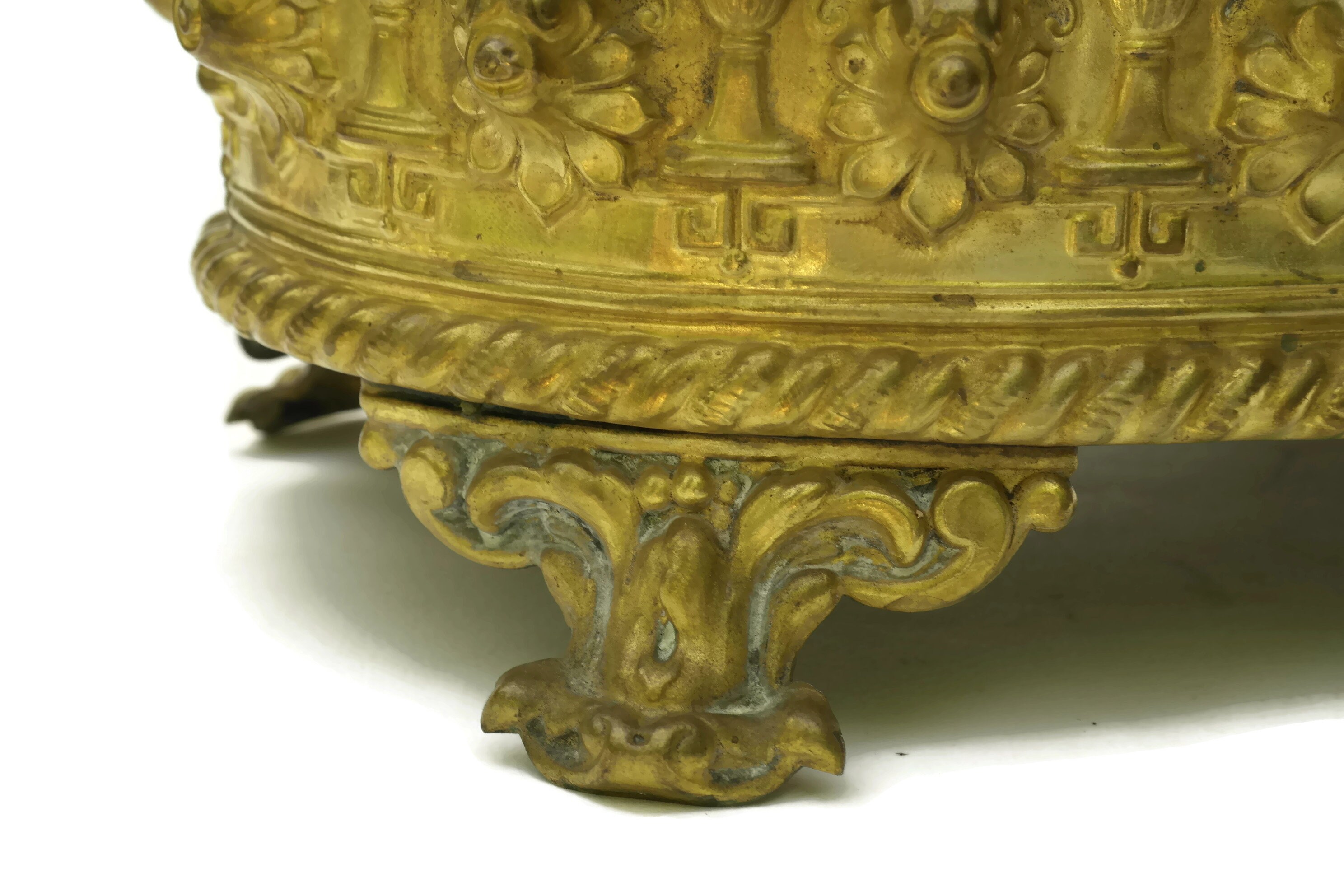 Antique Brass Planter. French Jardiniere with Repoussé Decoration