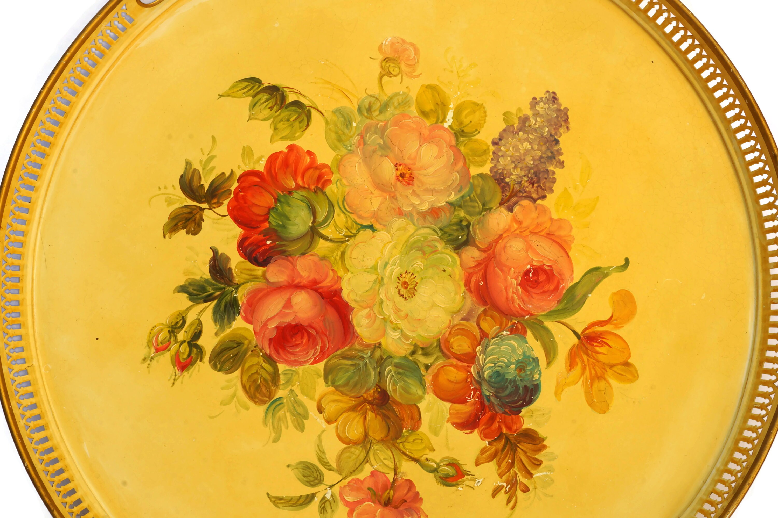 Antique French Tole Flower Tray, Hand Painted Toleware Serving Tray