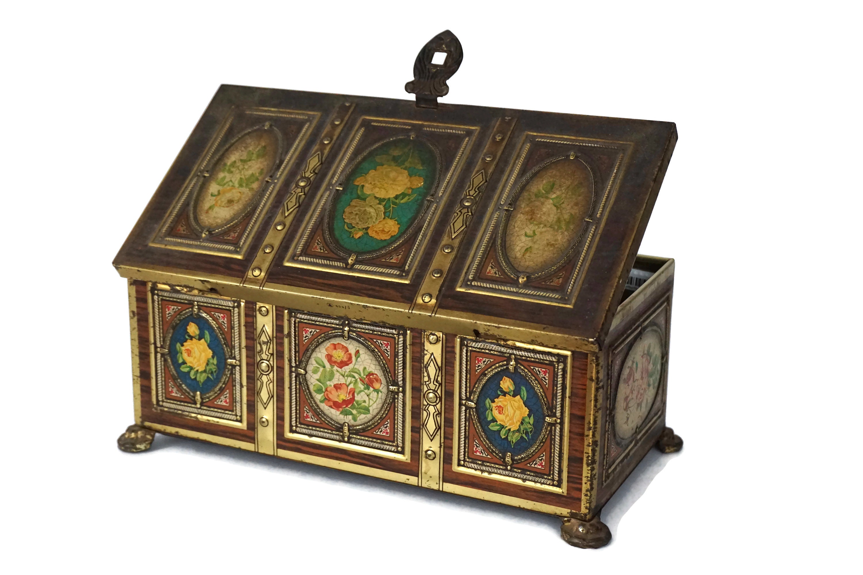 French Tin Treasure Chest Candy Box with Lithograph Roses