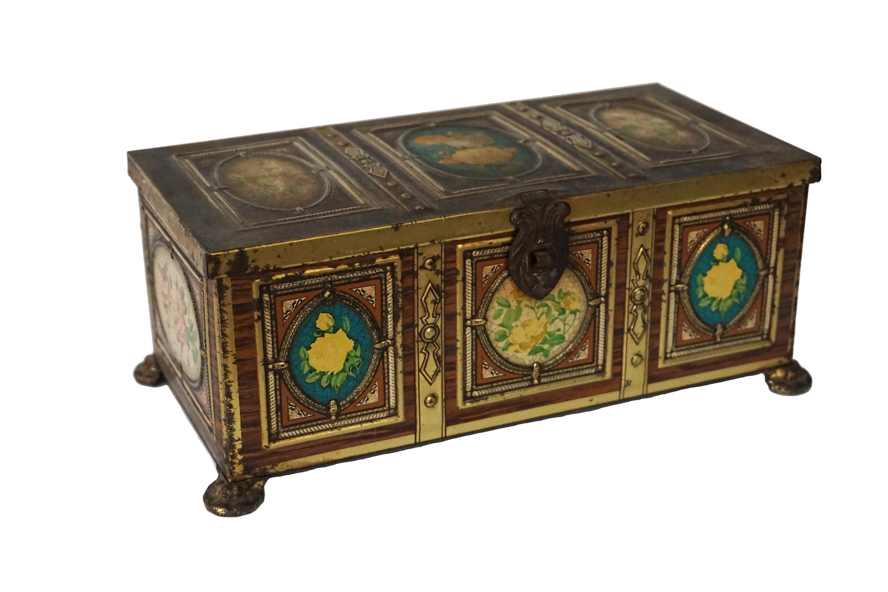 French Tin Treasure Chest Candy Box with Lithograph Roses