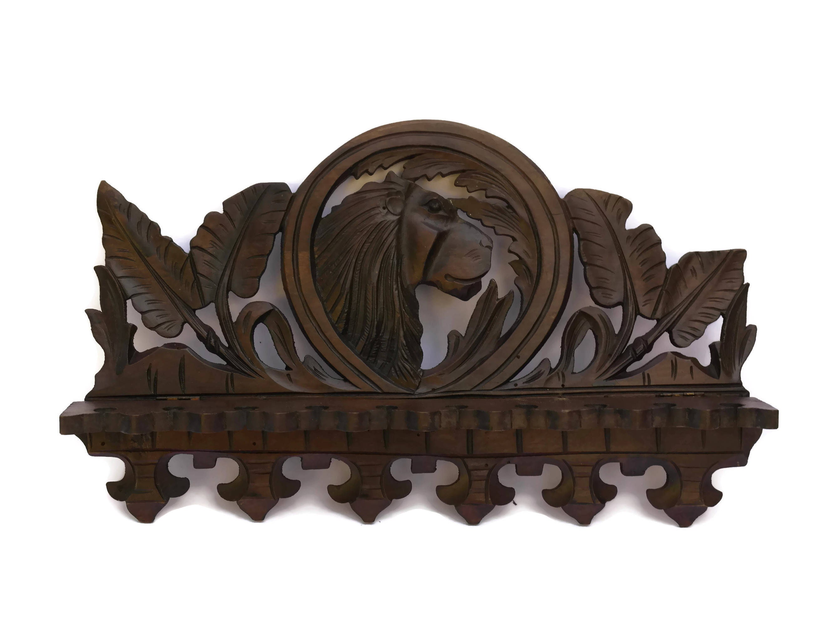 Vintage Carved Wood Pipe Stand With Lion Head. Smoking Pipe Rack.