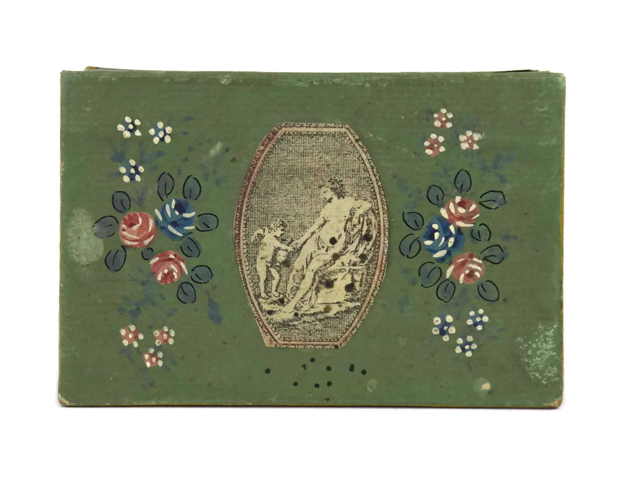 Antique French Match Box with Decoupage and Hand Painted Flowers.
