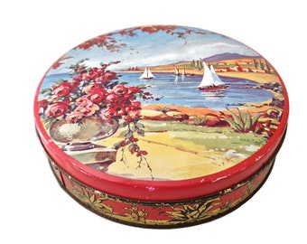 Vintage French Candy Tin Box with Sailing Boats and Mediterranean Coastal Seascape