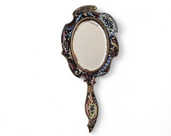 Champleve Hand Mirror with Beveled Glass, Antique French Brass and Enamel Cloisonné Looking Glass