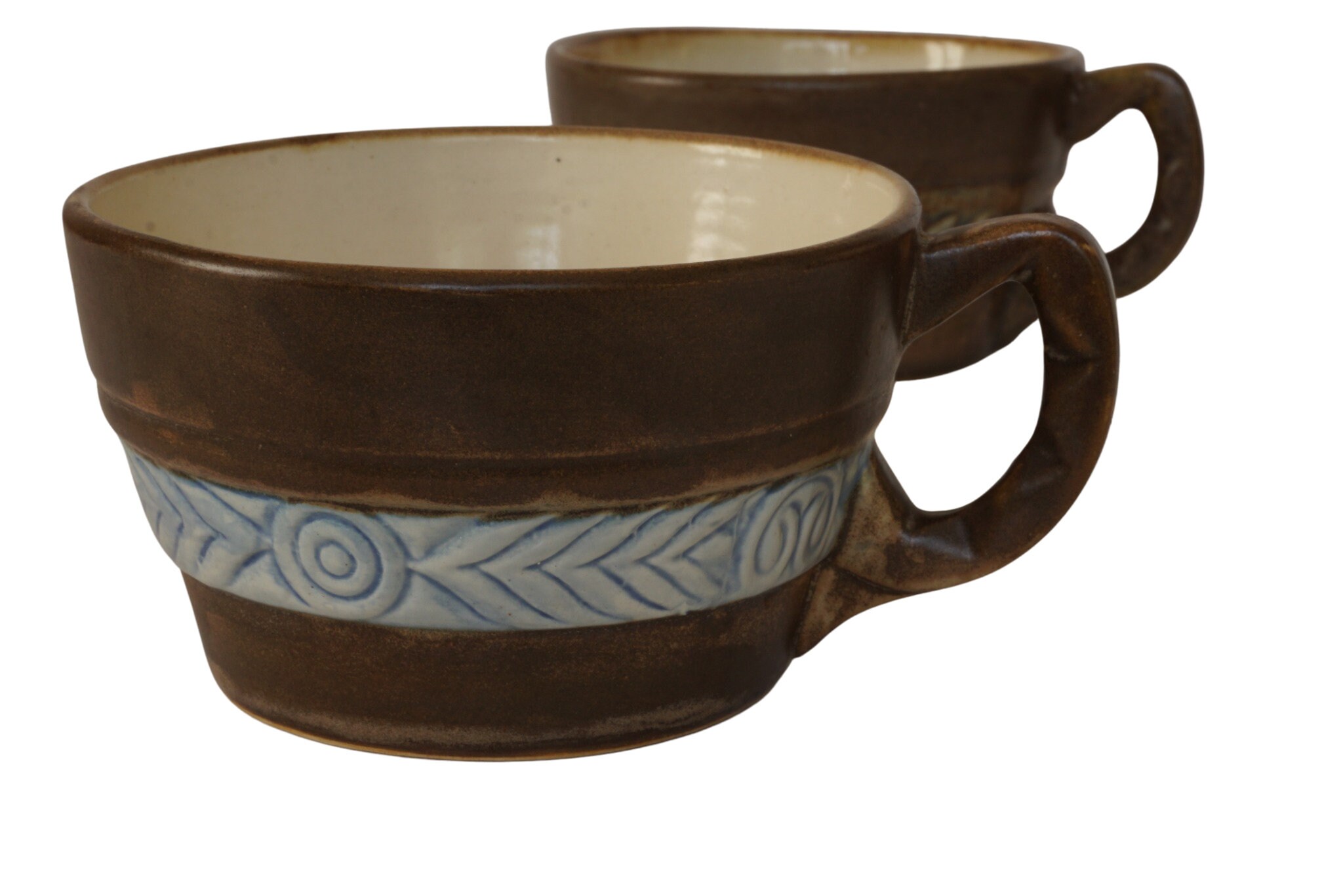 Antique HB Quimper Pottery Cups Pair in Odetta Pattern, French Pottery