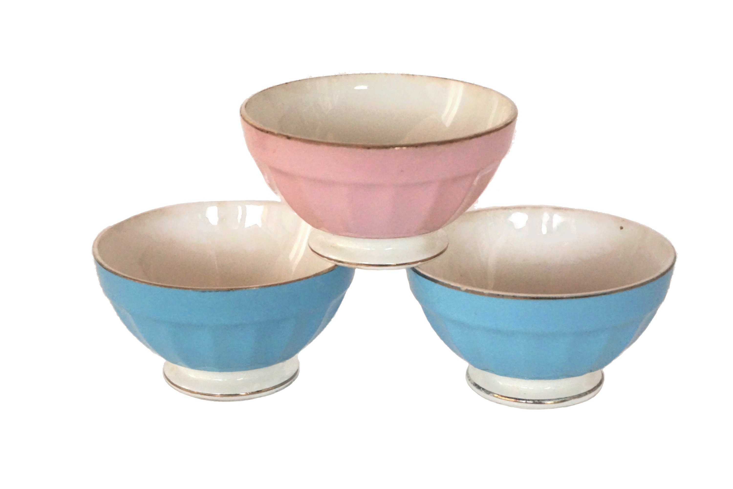 French Latte Coffee Bowl Set of 3, Antique Pastel Porcelain Ceramic Dishes