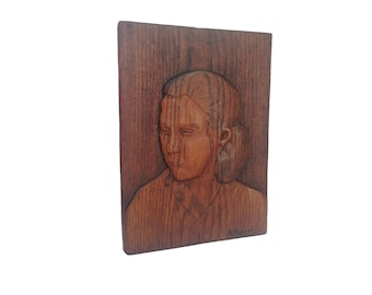 Art Deco Woman Portrait Bas Relief Plaque, Hand Carved Wooden Panel