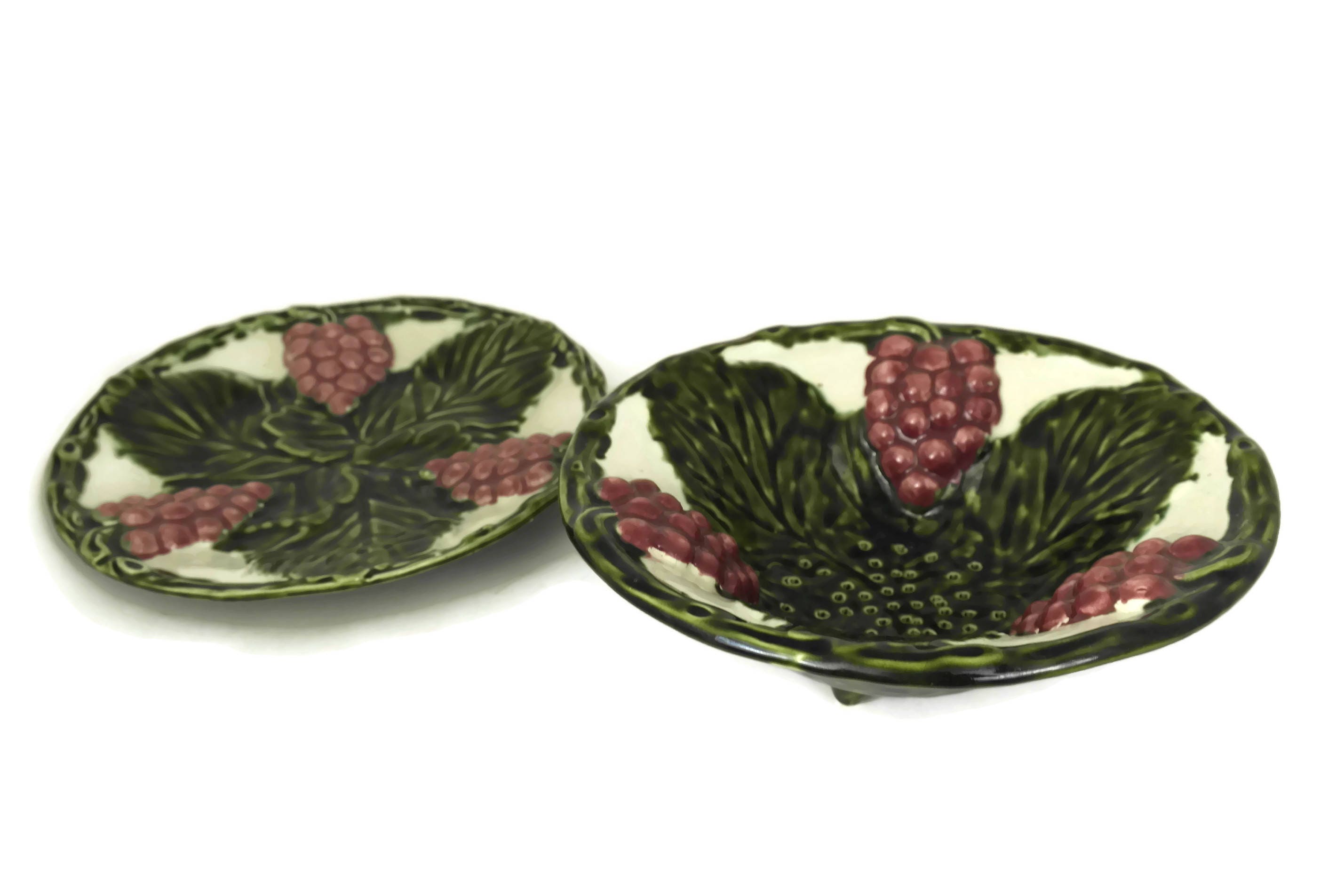 French Majolica Colander and Plate Set. Leaf, Grape & Berry Strainer