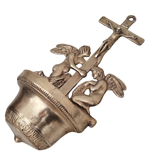 Vintage Brass Holy Water Font with Angels and Crucifix Wall Hanging image 3