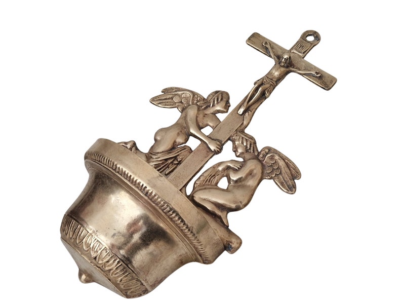 Vintage Brass Holy Water Font with Angels and Crucifix Wall Hanging image 3