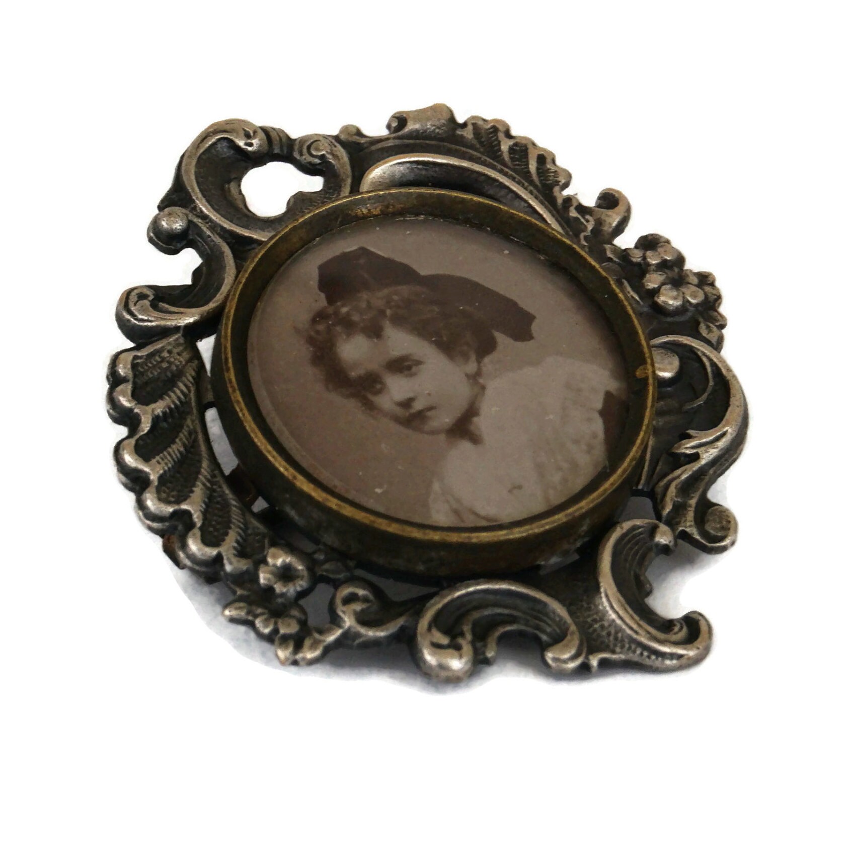 Antique Silver Photo Frame Brooch with French Girl Portrait, Victorian