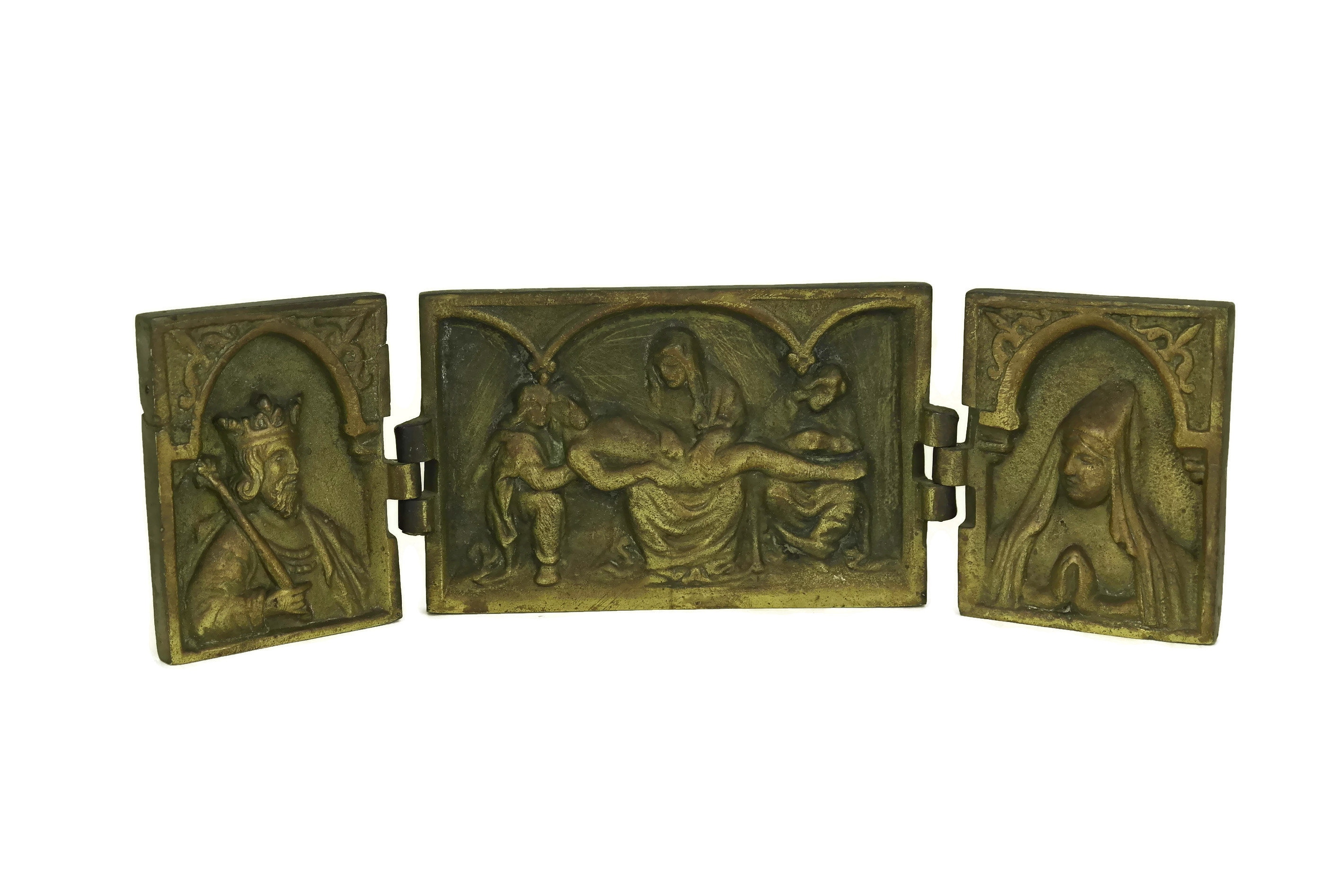 Antique French Bronze Pieta Triptych, 18th Century Travelling Altar