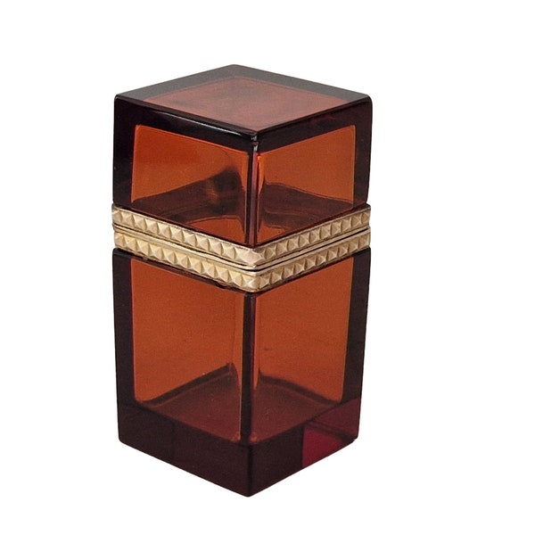 Français Boîte à cercueil à bijoux en verre brun avec cadre en laiton, pot de rangement rétro