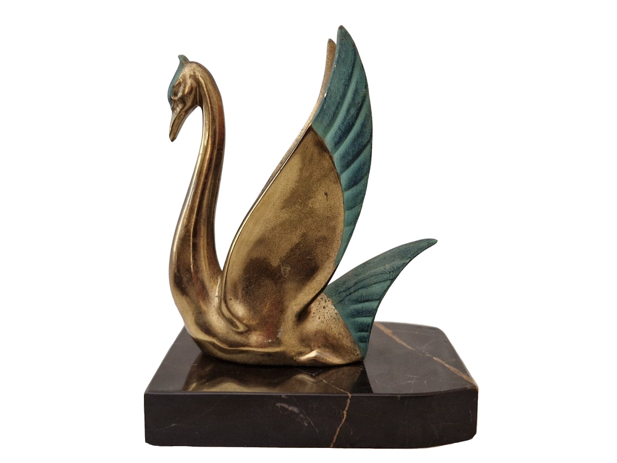 Art Deco Swan Figurine Bookends, French Vintage Office Decor, Pair of Bird Book Ends