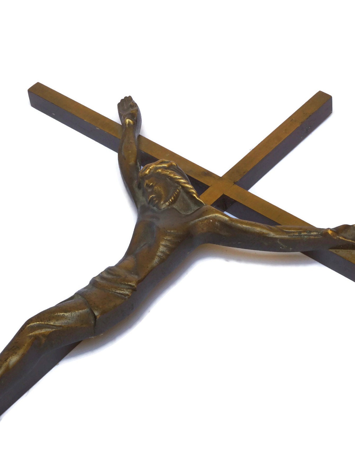 Brass Crucifix Wall Hanging Cross, Vintage French Christian Art
