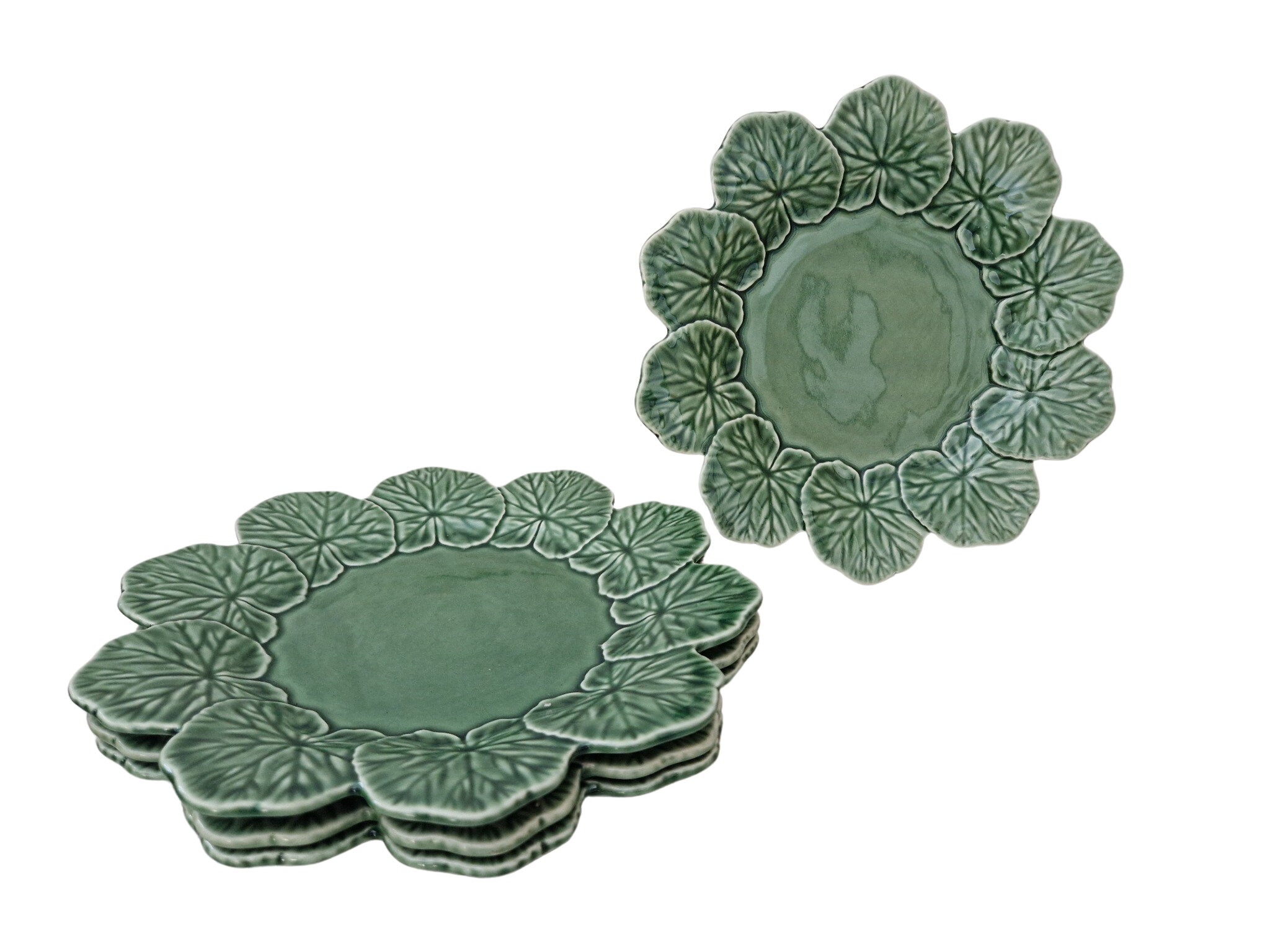 Green Majolica Geranium Leaf Dinner Plates by Eigin Paris, Set of 4
