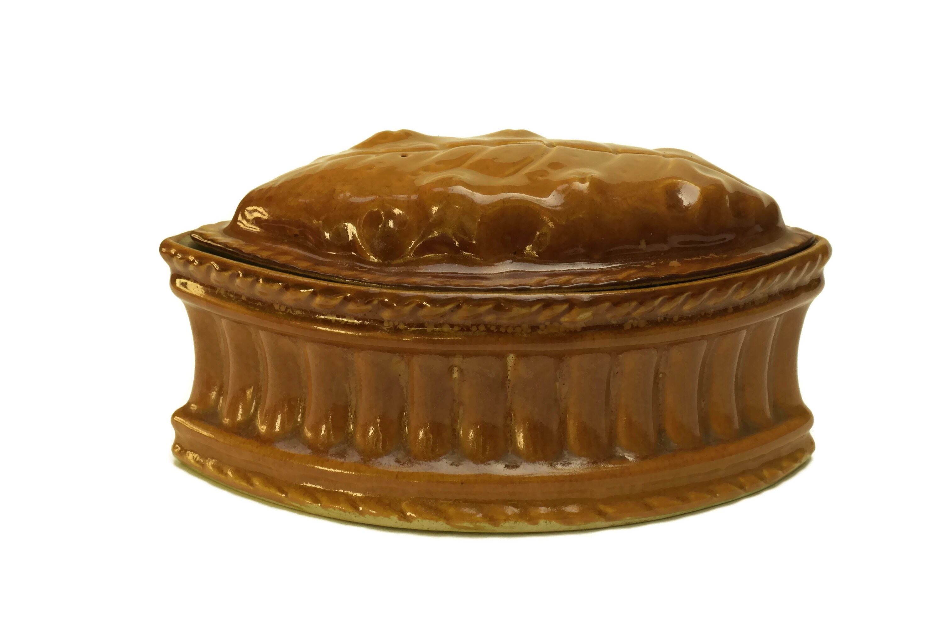 French Porcelain Game Pie Dish. Rustic Tureen Baking Mould with Lid