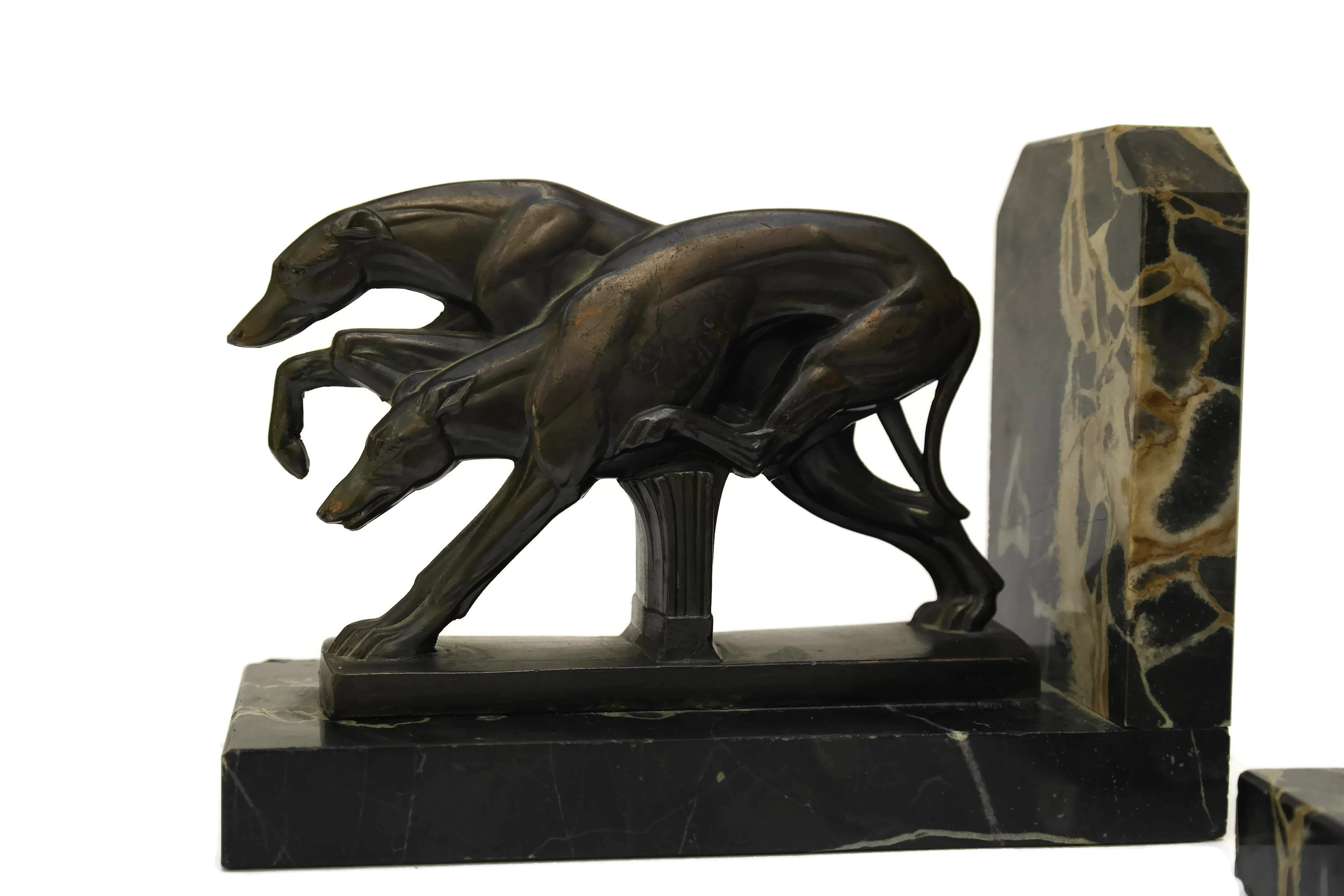 Art Deco Bookends with Racing Greyhound Dog Figurines. Vintage French