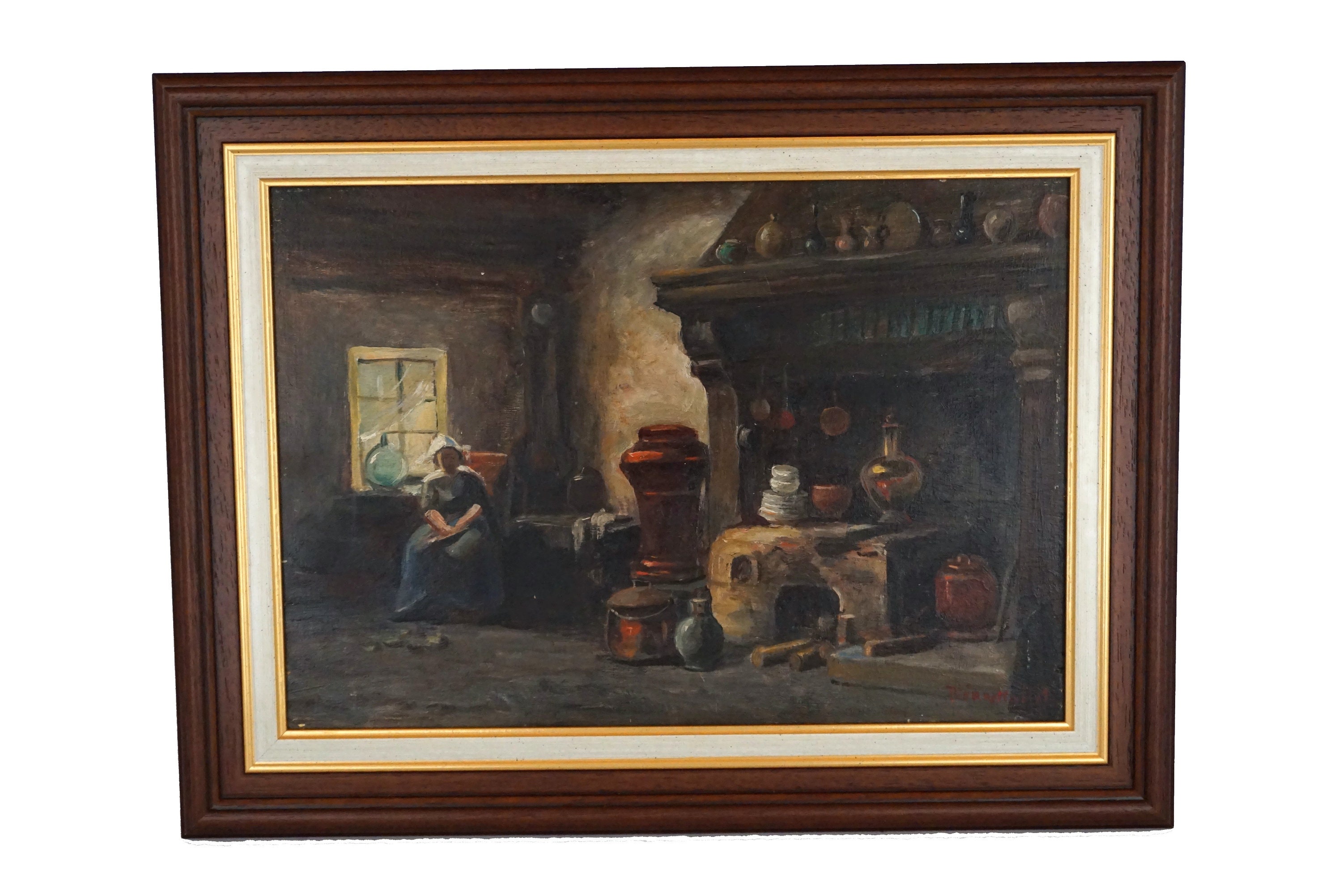 Antique French Country Kitchen Painting with Lady in Chair, Framed Wall Art