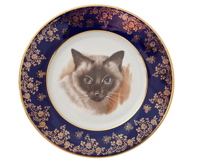 Siamese Cat Portrait Limoges Porcelain Collector's Plate, Vintage French Blue, White and Gold Animal Art