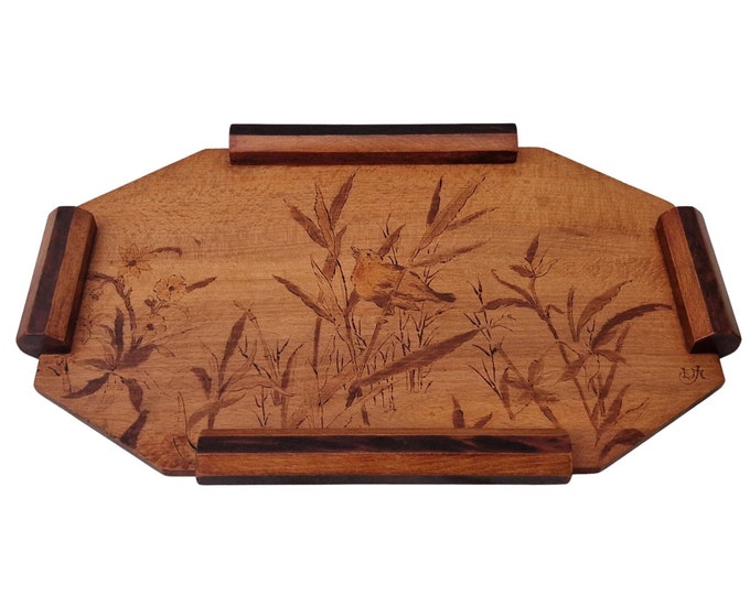 Antique Wooden Serving Tray with Pyrography Bird Etching, Hand Crafted Platter, Romantic Home Decor