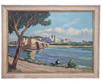 1930s Avignon Bridge with Fisherman and River Painting, Antique French Signed Art