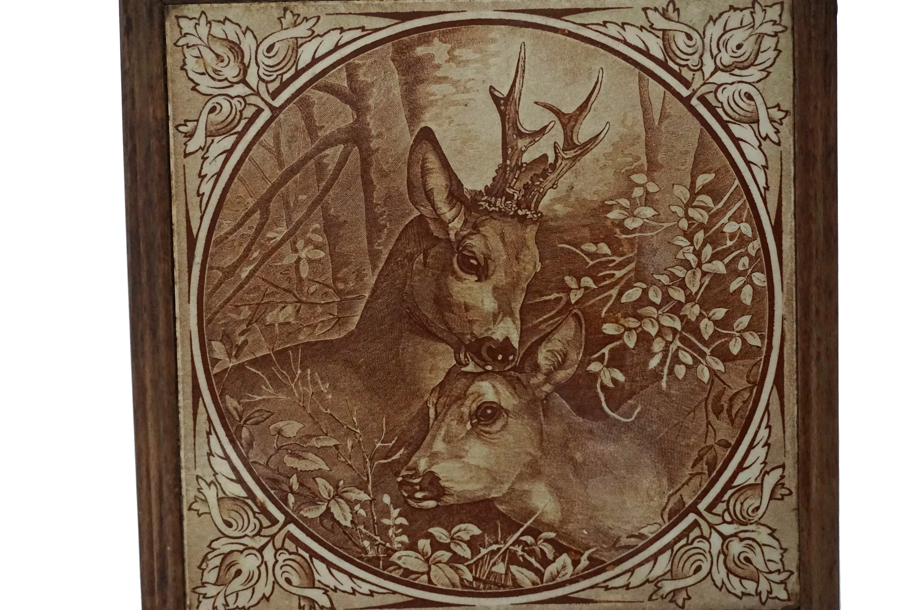 Antique Ceramic Tile Trivet with Woodland Deer, French Transferware Pot