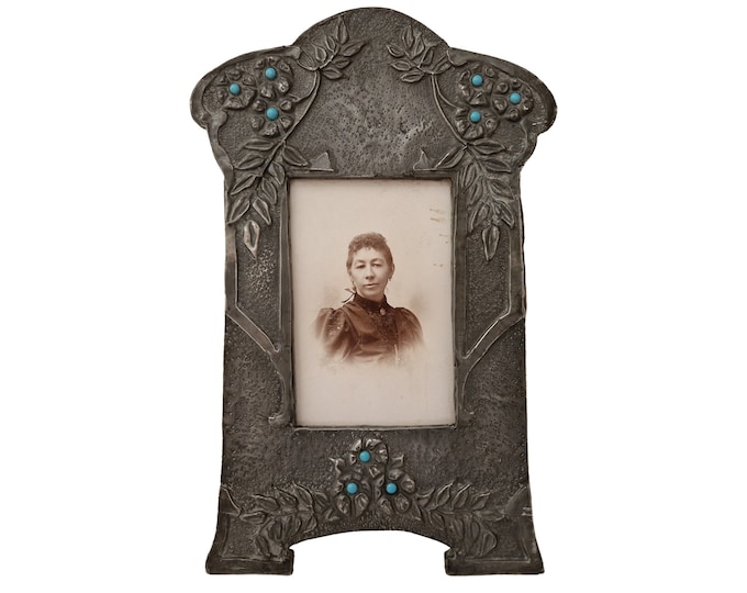 Art Nouveau Repousse Metal Picture Frame with Flowers and Turquoise Cabochons, Arts & Craft Tabletop Photo Display