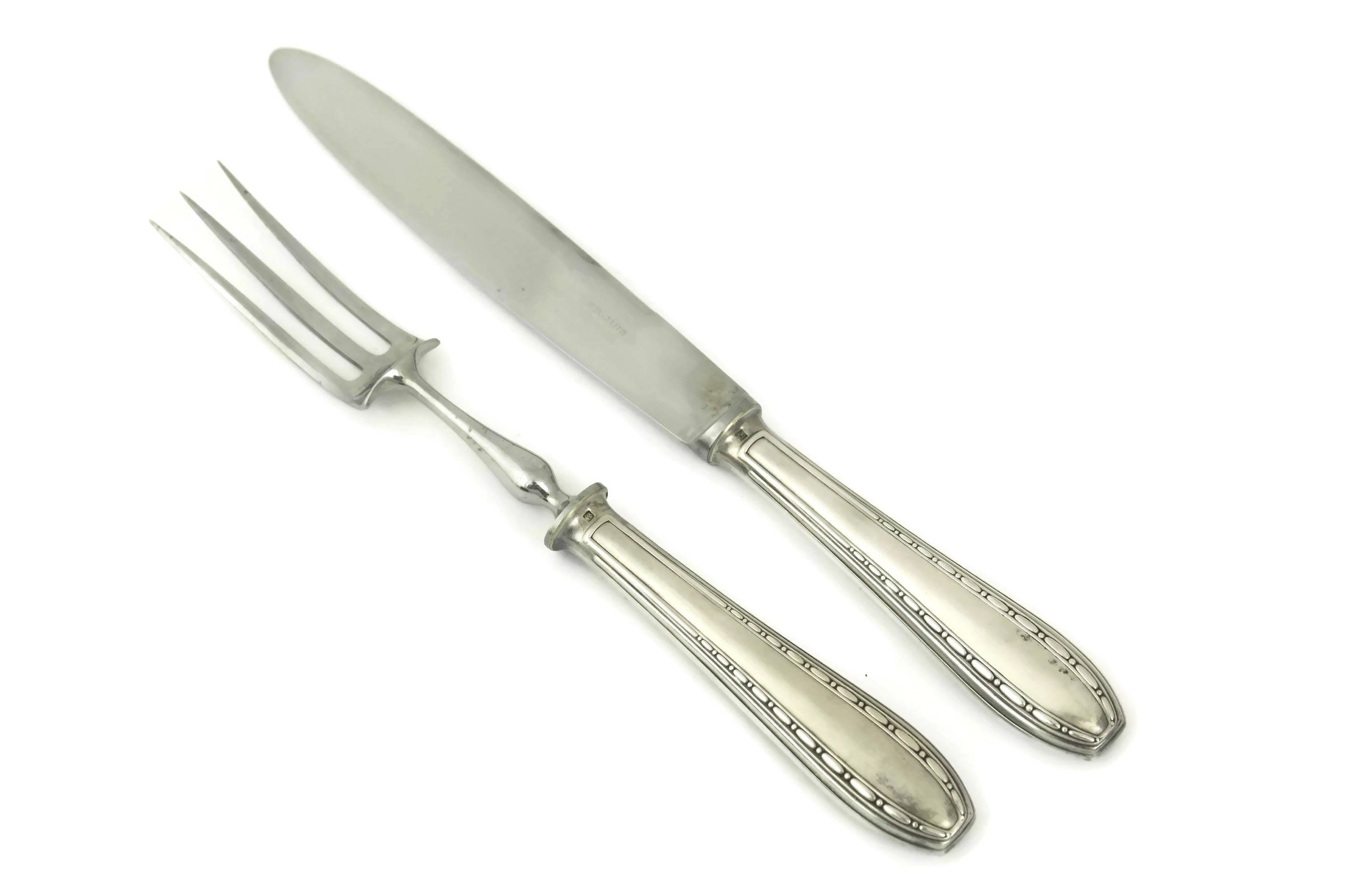 Ercuis Silver Meat Carving Set with Knife, Fork and Roast Clamp, French Art Deco Silverware