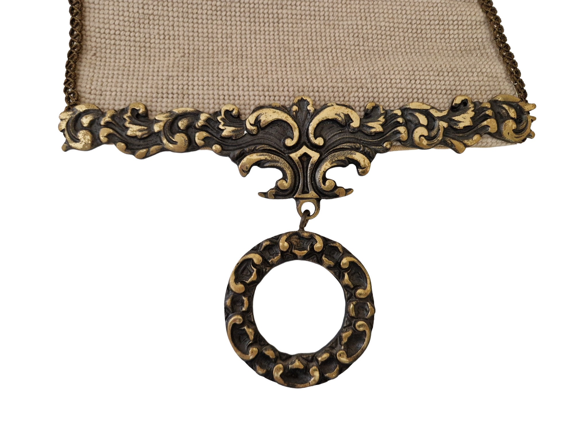 French Rose Tapestry Bell Pull, Vintage Needlework Flower Wall Hanging