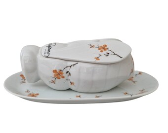 French Porcelain Bee Jam Pot with Serving Platter, Ceramic Flower Preserve & Jelly Jar Breakfast Set