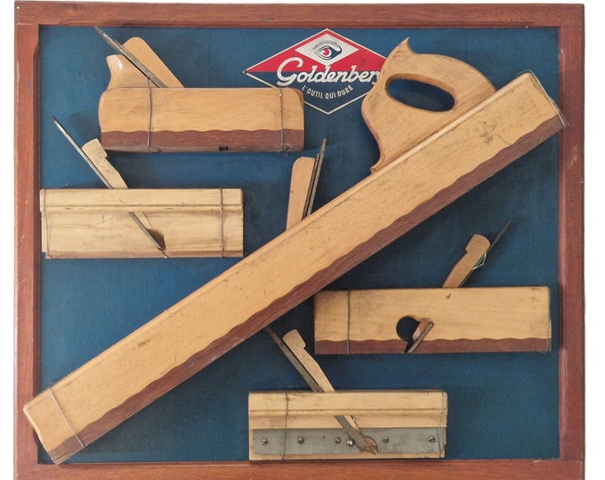 Carpenter Planes Wall Hanging Advertising Sign by Goldenberg, Mid Century French Woodworking Tools