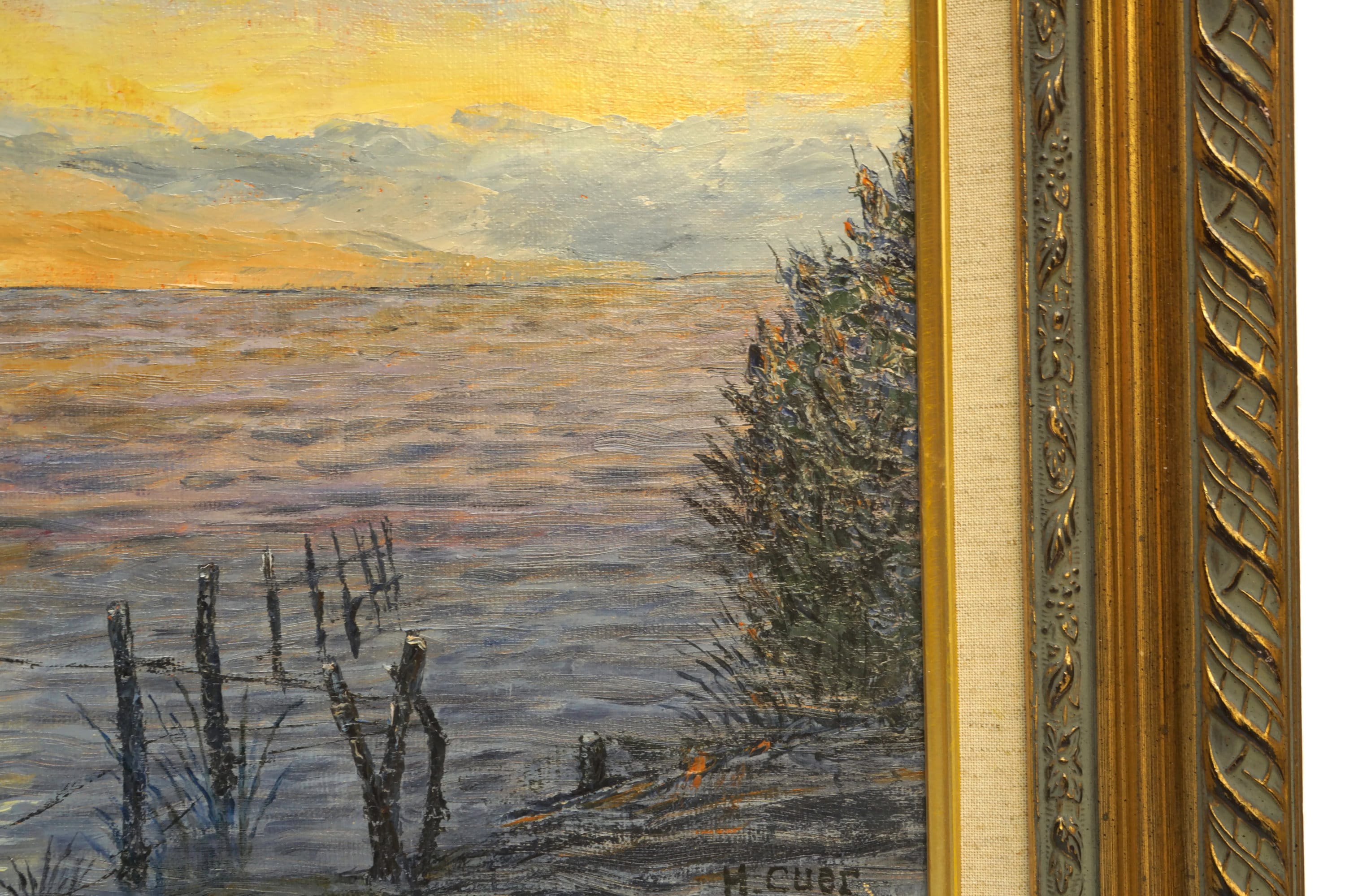 French Impressionist Sunset and Sea Painting, Framed Seascape Art