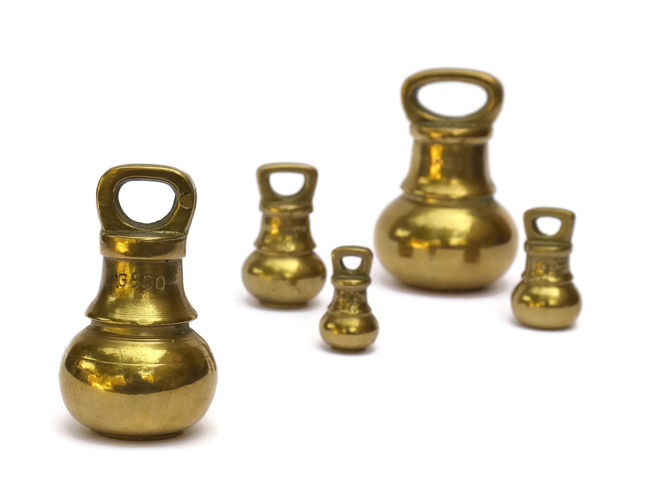 Vintage Brass Bell Weights. Set of 5 Kitchen Scale Weights. French