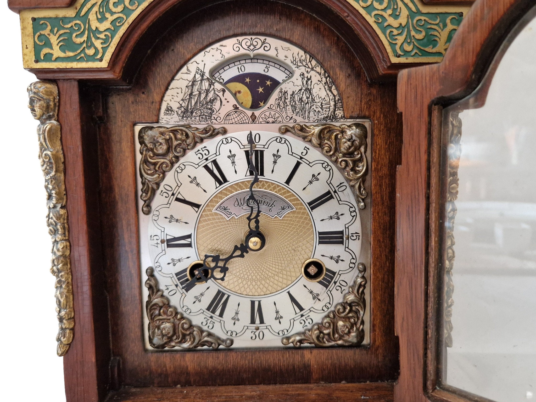 Dutch Wuba Warmink Mantel Clock with Chime and 8 Day Moon Phase, Wooden