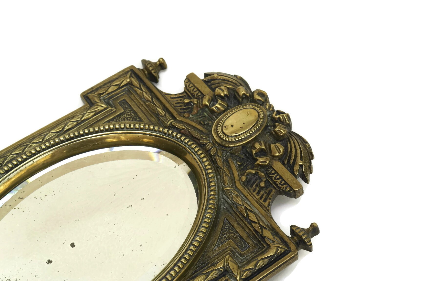 Bronze Standing Mirror with Beveled Glass, Antique French Vanity Makeup