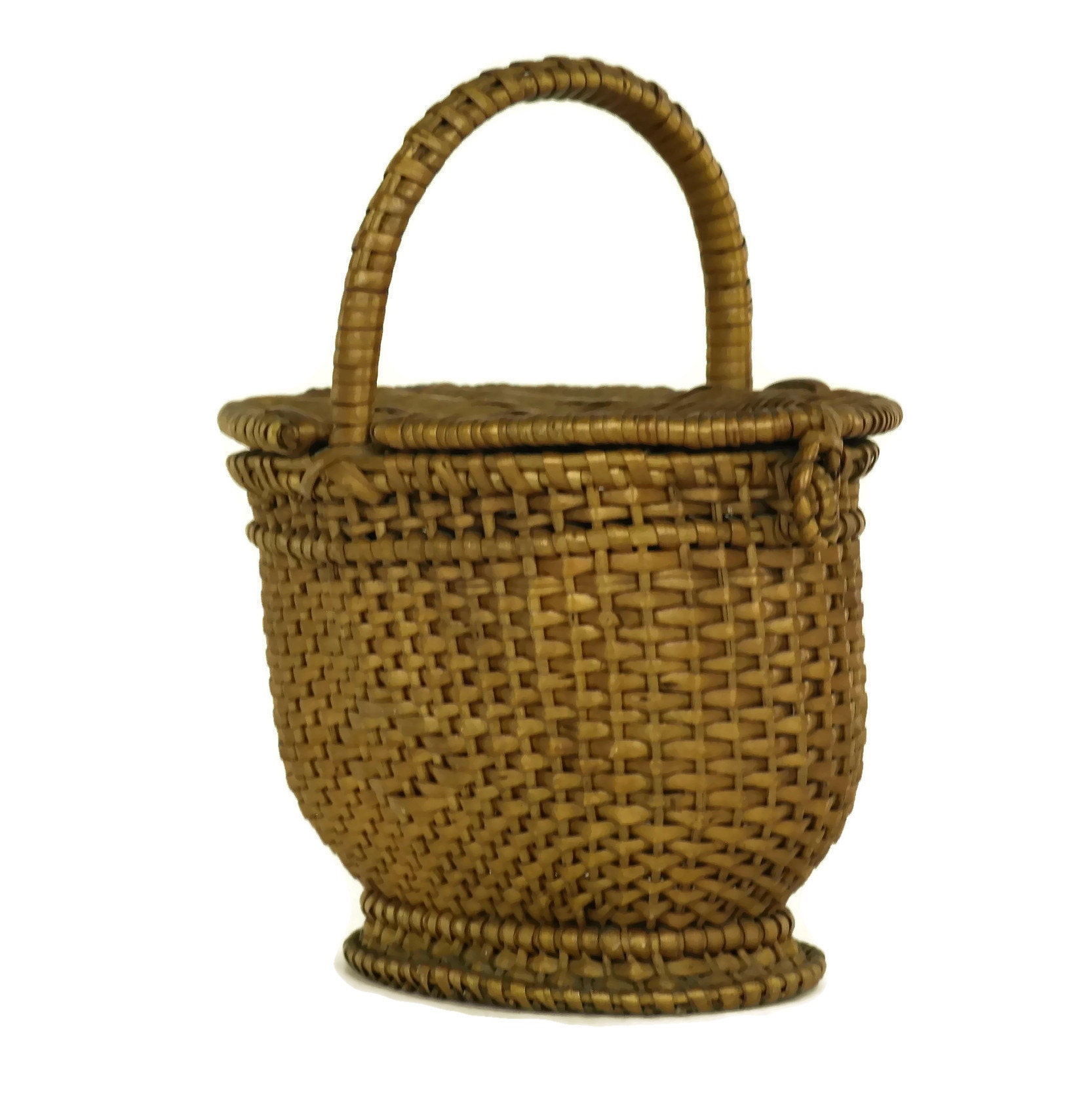 RESERVED for Elaine. French Antique Miniature Basket. Hand Woven Wicker Doll Basket with Lid