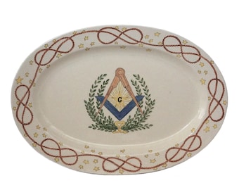 Oval Masonic Serving Platter, Hand Painted Freemasons Collectible