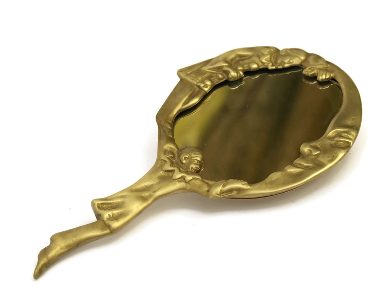 French Pierrot Hand Mirror. Vintage Brass Frame Vanity Mirror.