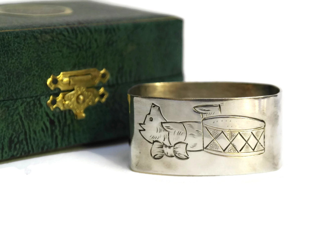 Childrens Silver Napkin Ring with Engraved Teddy Bear. Antique Baptism