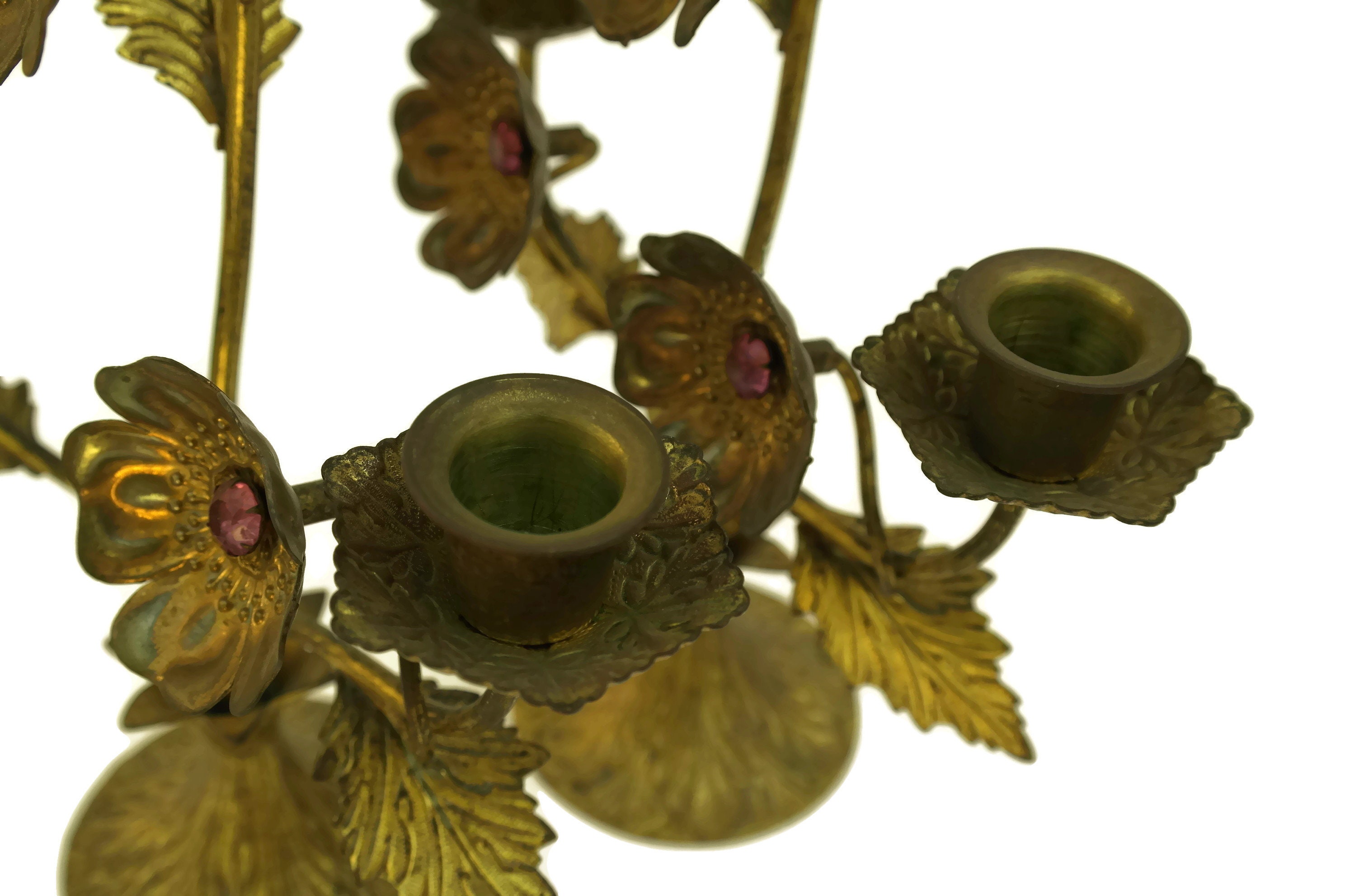 French Antique Church Altar Candelabra with Flowers and Faux Jewels