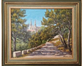 French Country Church Spire and Forest Path Painting, Framed Vintage Gallery Wall Art of Saint Vincent de Paul in Marseille, Provence