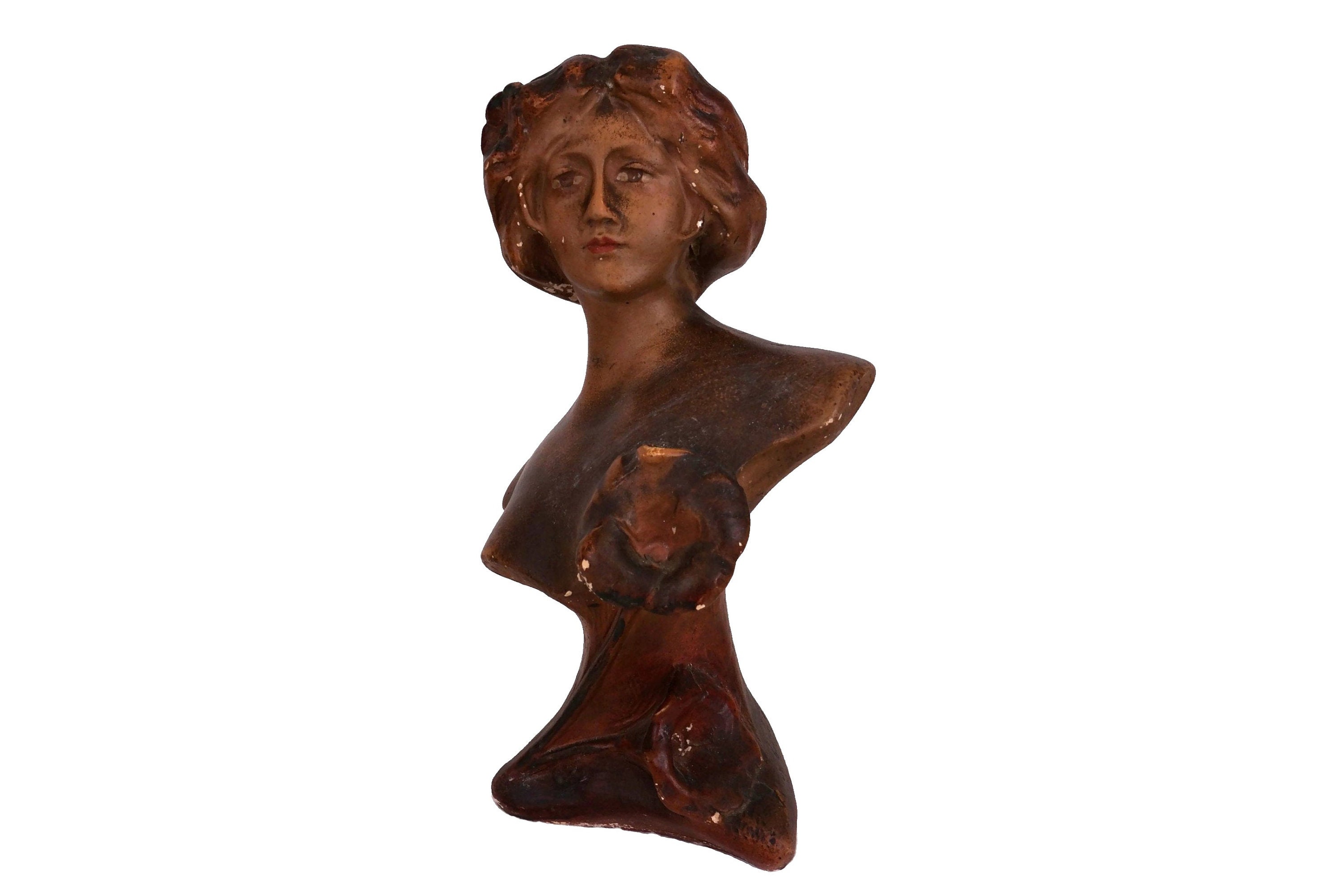Art Nouveau Lady Bust Statue, Antique French Woman Head Plaster